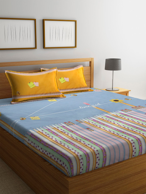 

SPACES Blue & Mustard Yellow Printed 180 TC Cotton Queen Bedsheet with Pillow Covers