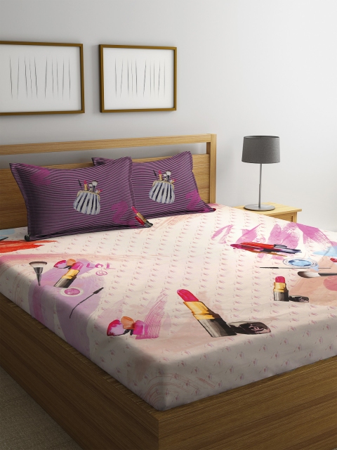 

SPACES Pink Graphic 180 TC Cotton Queen Bedsheet with Pillow Covers