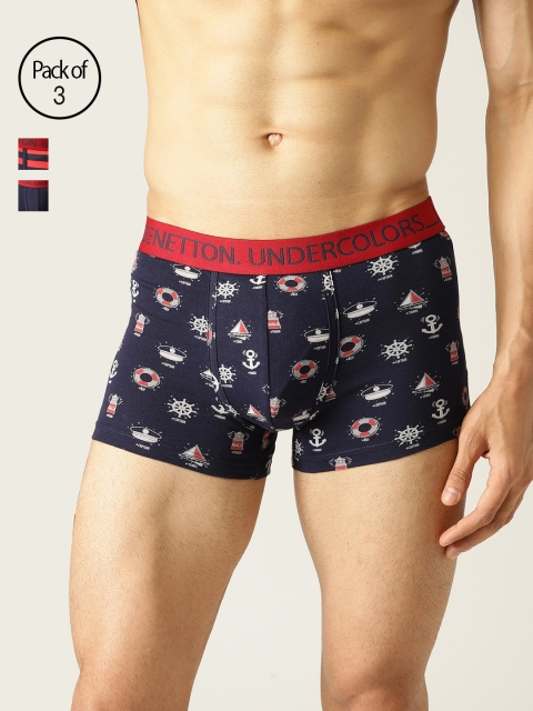 

Undercolors of Benetton Men Pack of 3 Navy & Red Printed Trunks 19P3P80VP32DI901, Navy blue