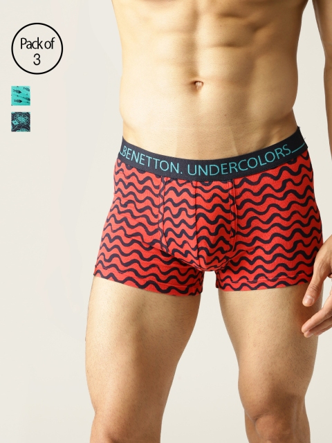 

Undercolors of Benetton Men Pack of 3 Printed Trunks 19P3P80BP37DI901, Red