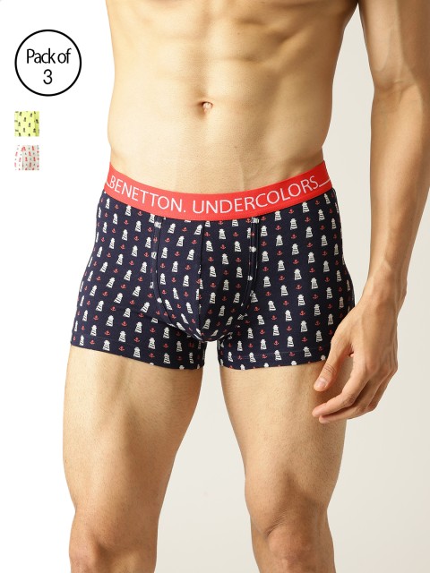 

Undercolors of Benetton Men Pack of 3 Printed Trunks 19P3P80BP39DI901, Navy blue