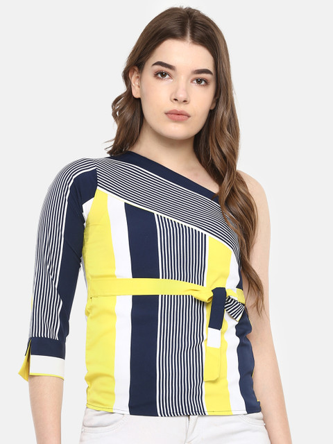 

Cayman Women Yellow & Navy Striped One Shoulder Top