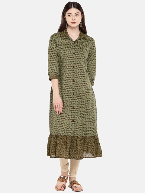 

Globus Women Olive Green Printed Straight Kurta