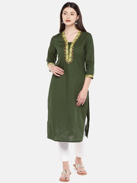 

Globus Women Olive Green Embroidered A-Line Kurta