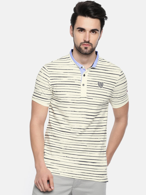 

Being Human Clothing Men Off-White & Black Striped Polo Collar T-shirt