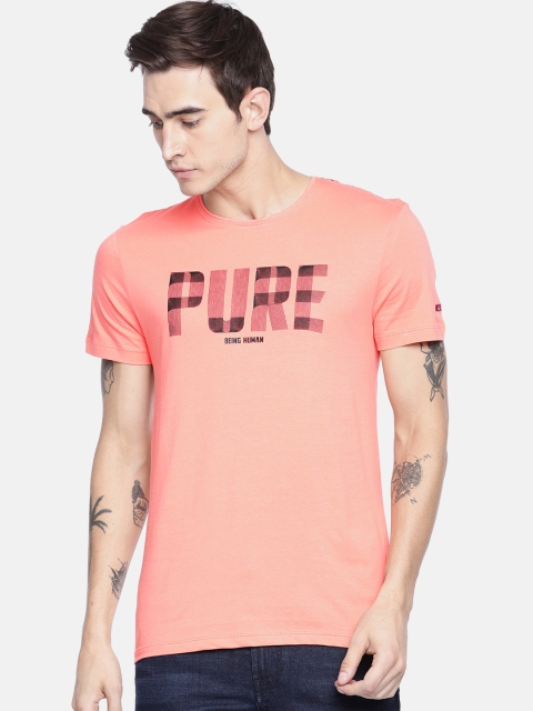 

Being Human Clothing Men Coral Orange Printed Pure Cotton T-shirt
