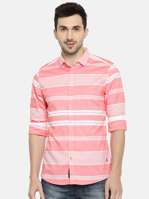 

Being Human Clothing Men Coral Orange & White Regular Fit Striped Casual Shirt