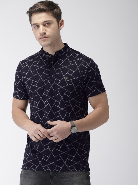 

The Indian Garage Co Men Navy Blue Printed Slim Fit Mandarin Collar T-shirt