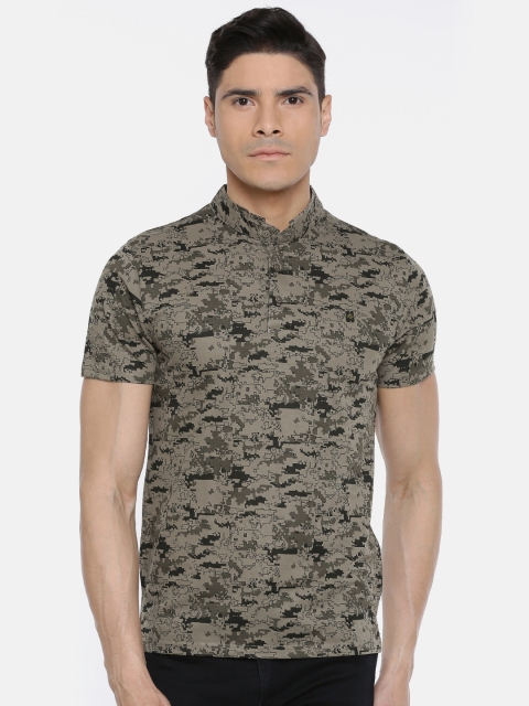 

The Indian Garage Co Men Khaki & Olive Green Printed Slim Fit Mandarin Collar T-shirt