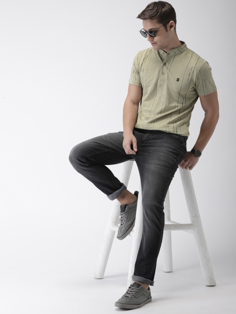 

The Indian Garage Co Men Olive Green Striped Mandarin Collar T-shirt
