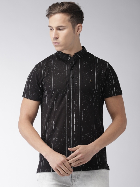 

The Indian Garage Co Men Black Striped Mandarin Collar T-shirt