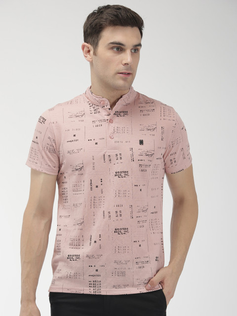

The Indian Garage Co Men Pink Printed Mandarin Collar T-shirt