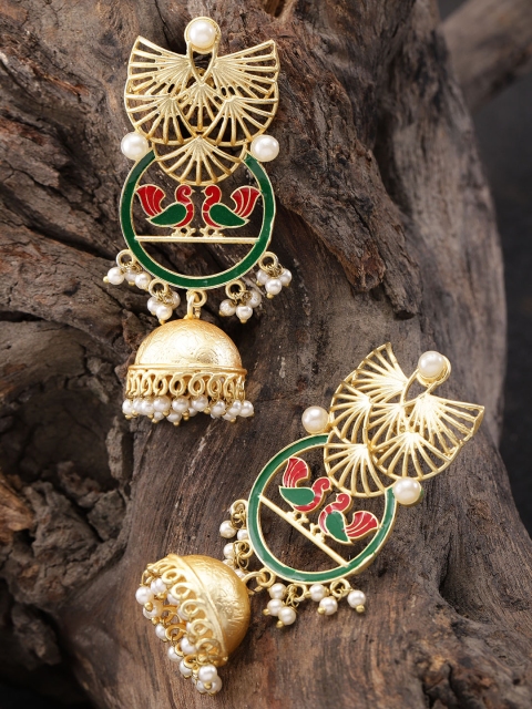 

Zobby Green & Red Gold-Plated Handcrafted Dome Shaped Jhumkas