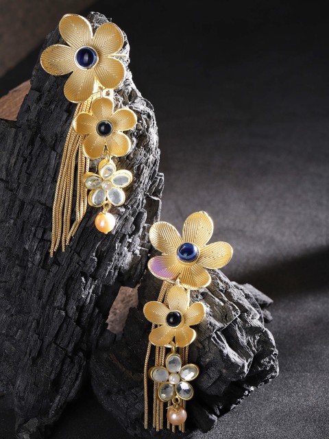 

Zobby Navy Blue Gold-Plated Handcrafted Floral Drop Earrings