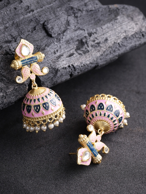 

Zobby Blue & Pink Gold-Plated Handcrafted Dome Shaped Jhumkas