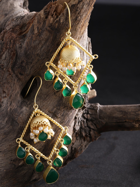 

Zobby Green Gold-Plated Handcrafted Diamond Shaped Drop Earrings