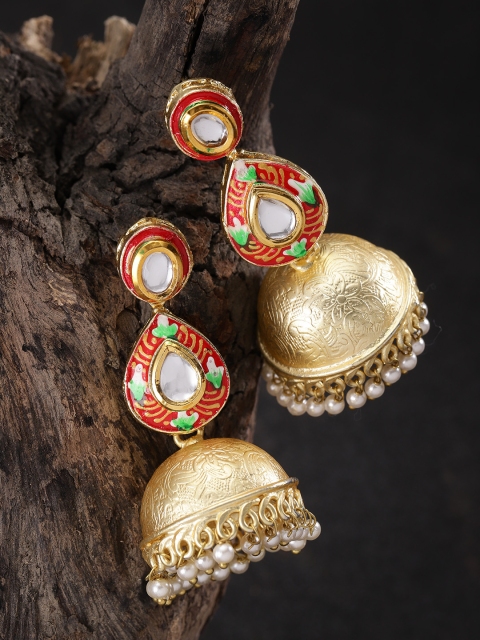 

Zobby Red & Off-White Gold-Plated Enamelled & Beaded Handcrafted Dome Shaped Jhumkas