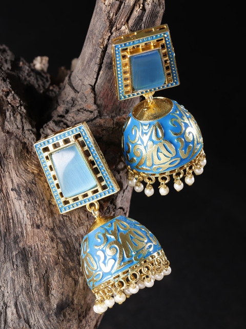 

Zobby Blue Gold-Plated Stone-Studded & Enamelled Handcrafted Dome Shaped Jhumkas
