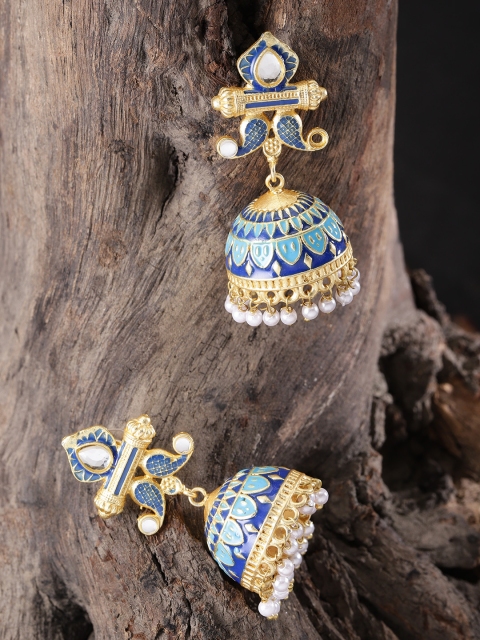 

Zobby Blue & Off-White Gold-Plated Enamelled & Beaded Handcrafted Dome Shaped Jhumkas