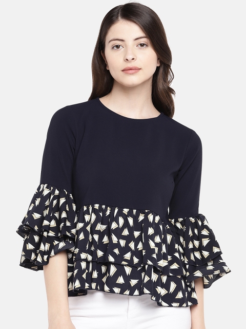 

Manola Women Navy Blue Printed Peplum Top