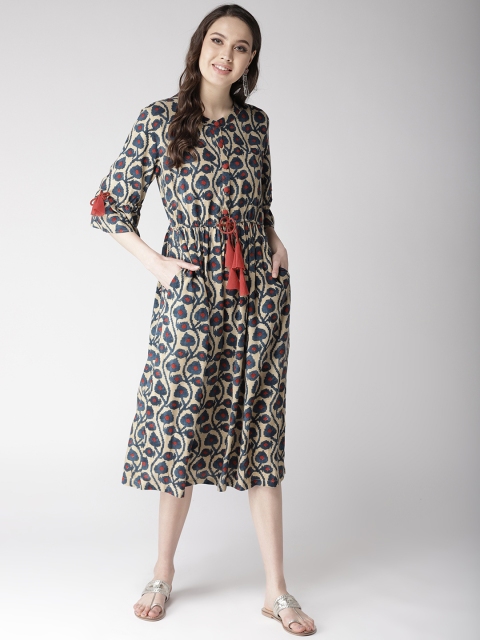 

Antheaa Women Beige & Navy Blue Printed A-Line Dress