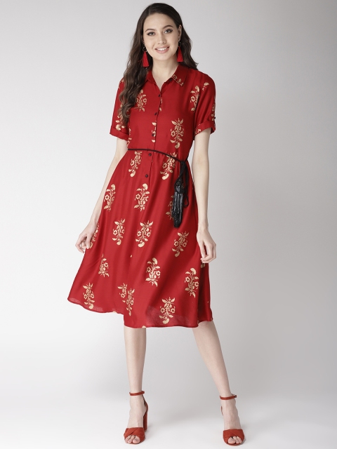 

Antheaa Women Maroon & Golden Printed Fit and Flare Dress