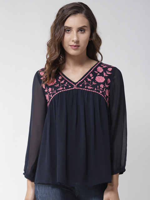 

Antheaa Women Navy Blue & Pink Embroidered Detail A-Line Top