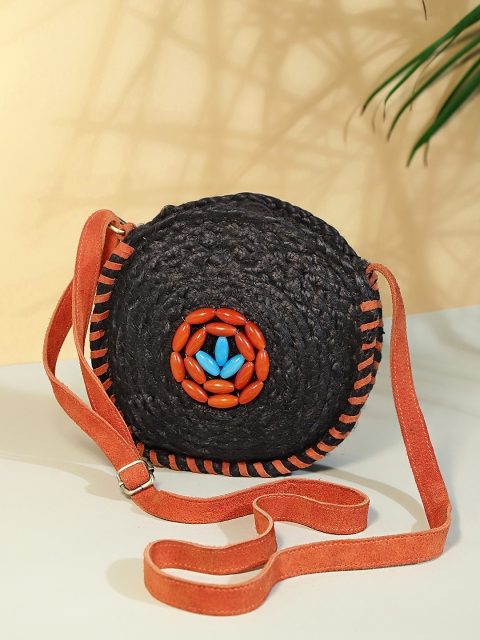 

ALII AND ALIIZEY Black & Orange Jute Braided Sling Bag
