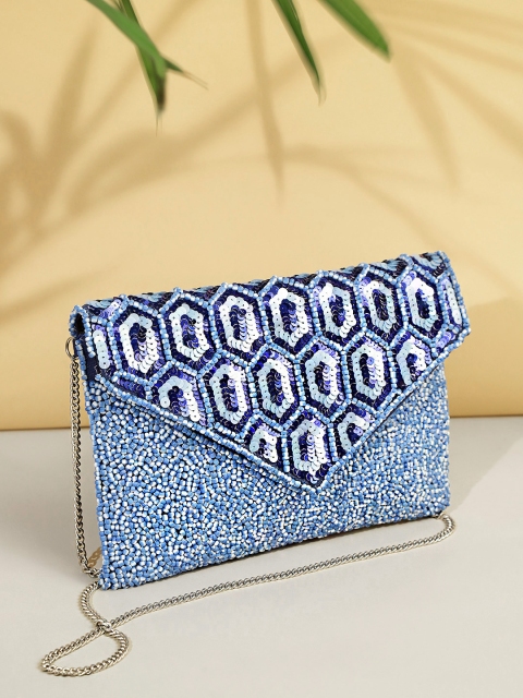 

ALII AND ALIIZEY Blue & White Embellished Envelope Clutch