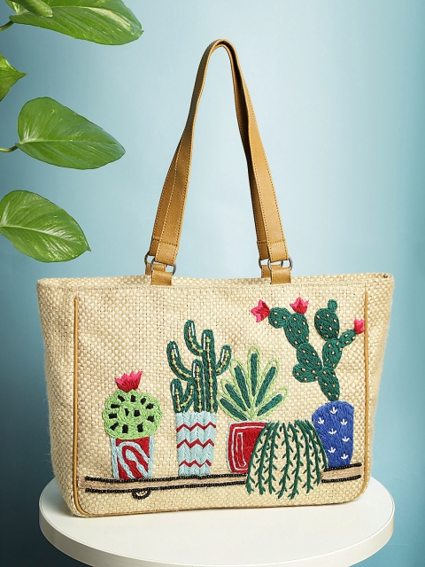 

ALII AND ALIIZEY Beige Embroidered Jute Shoulder Bag