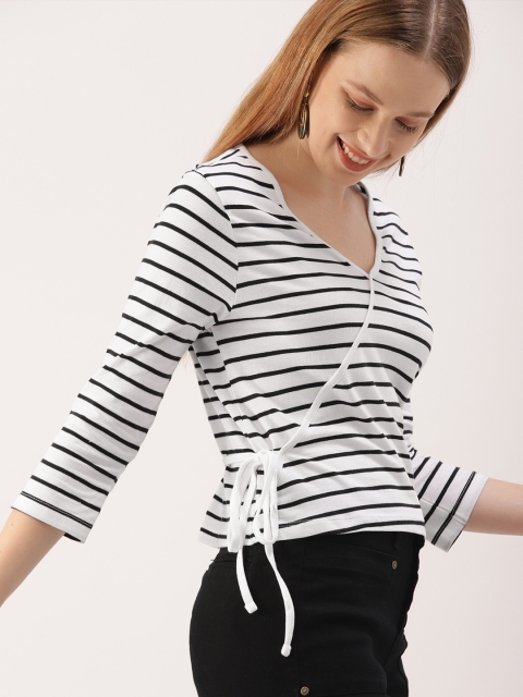 

DressBerry Women White & Black Striped Wrap Pure Cotton Top