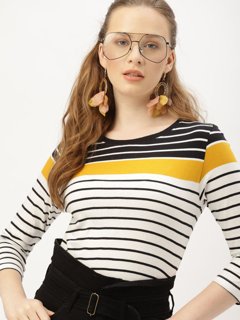 

DressBerry Women White Black Striped Round Neck Pure Cotton T-shirt