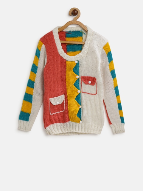 

CHUTPUT Kids Off-White & Coral Pink Woollen Colourblocked Sweater