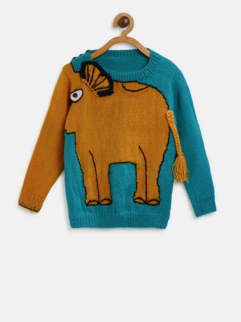 

CHUTPUT Kids Teal Blue & Mustard Brown Woollen Self Design Sweater