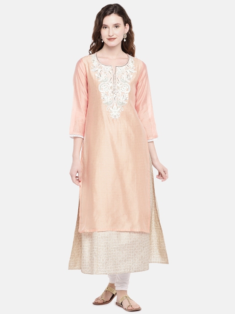 

Ethnicity Women Peach-Coloured Woven Design Layered Kurta