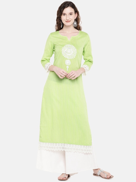 

Ethnicity Women Lime Green & White Striped Straight Kurta