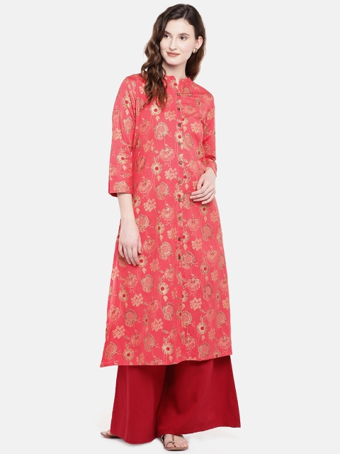 

Ethnicity Women Coral Red Printed Straight Kurta