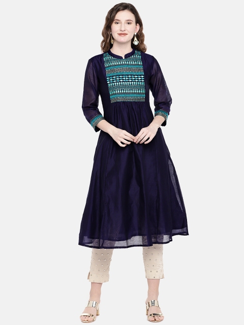 

Ethnicity Women Navy Blue Embroidered Anarkali Kurta