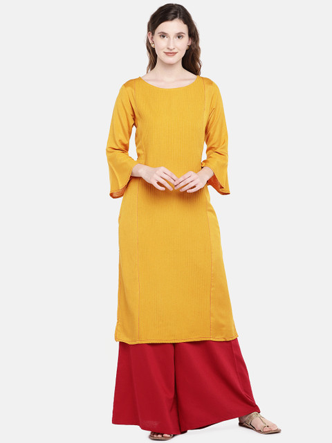 

Ethnicity Women Mustard Yellow Solid Straight Kurta