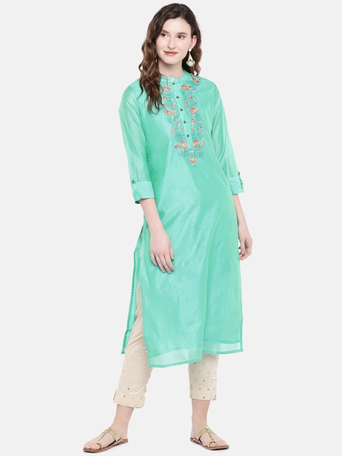 

Ethnicity Women Sea Green Yoke Design Straight Kurta