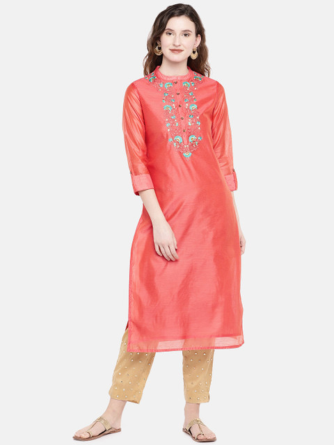 

Ethnicity Women Coral Pink Solid Straight Kurta