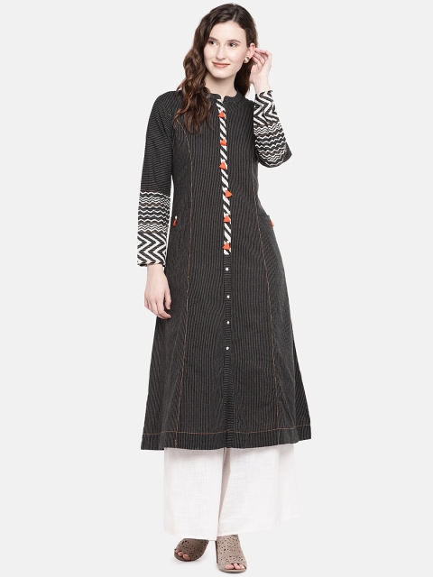 

Ethnicity Women Black & White Striped A-Line Kurta