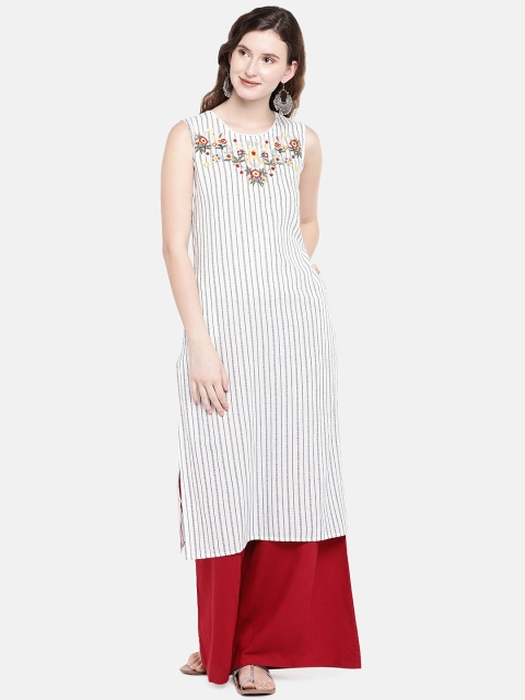 

Ethnicity Women White Striped Straight Kurta