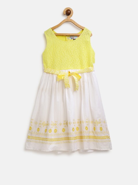

CHUTPUT Girls White & Yellow Lace Fit and Flare Dress