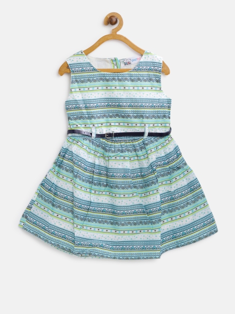 

CHUTPUT Girls White & Sea Green Striped Printed Fit and Flare Dress