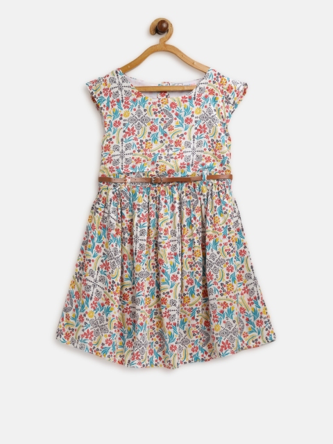 

CHUTPUT Girls White & Green Printed Fit & Flare Dress