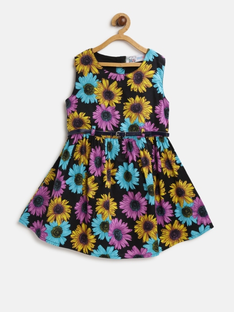 

CHUTPUT Girls Black & Mustard Yellow Printed Fit & Flare Dress
