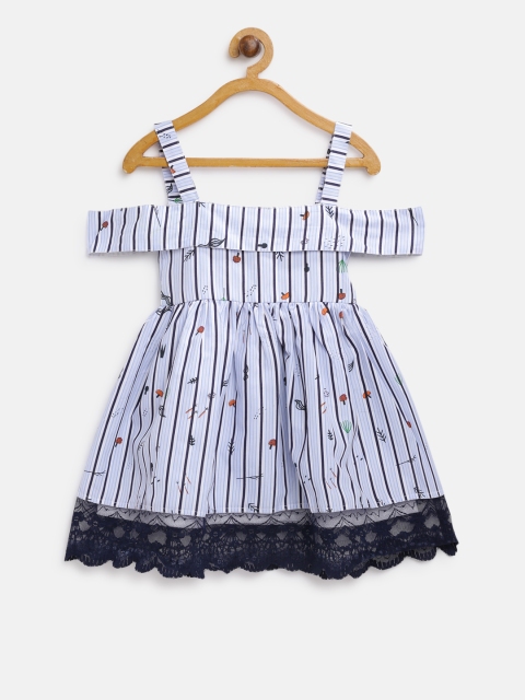 

CHUTPUT Girls Off-White & Blue Striped Fit & Flare Dress