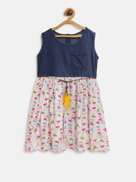 

CHUTPUT Girls Navy Blue Printed Fit & Flare Dress