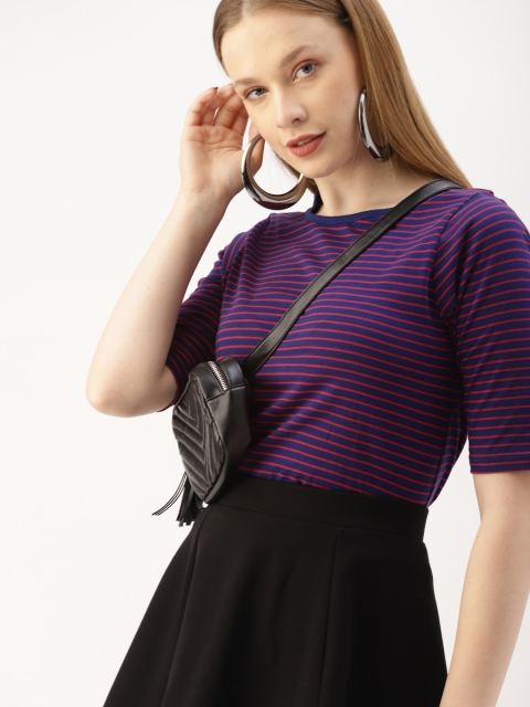 

DressBerry Women Navy Blue & Magenta Striped Round Neck T-shirt